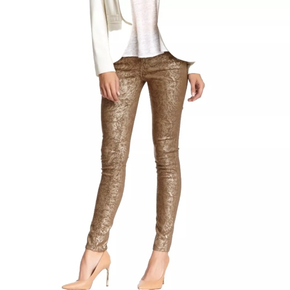 7 FOR ALL MANKIND “THE HIGH-WAIST SKINNY ANKLE" Jeans In "METALLIC GOLD"